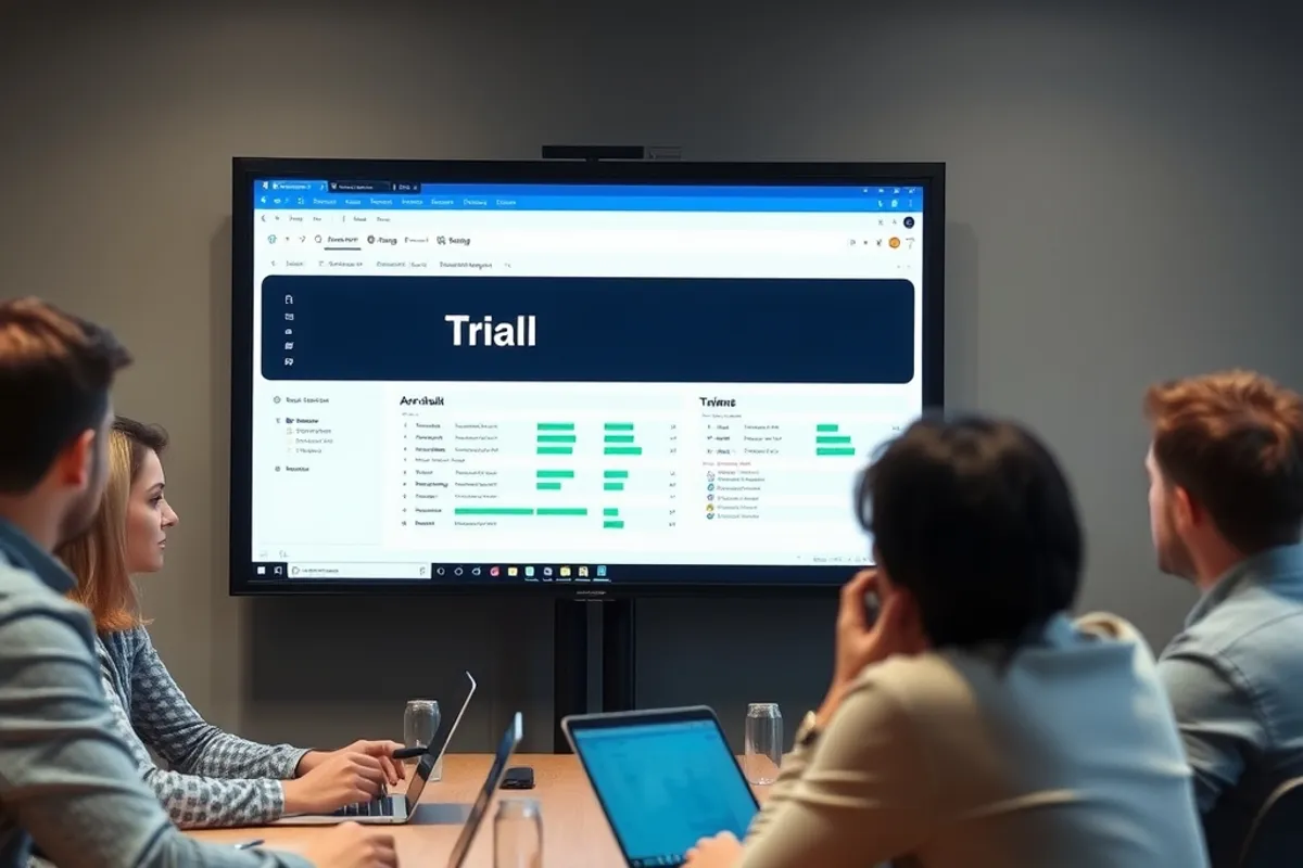 A short team meeting where a trial result is reviewed on screen.